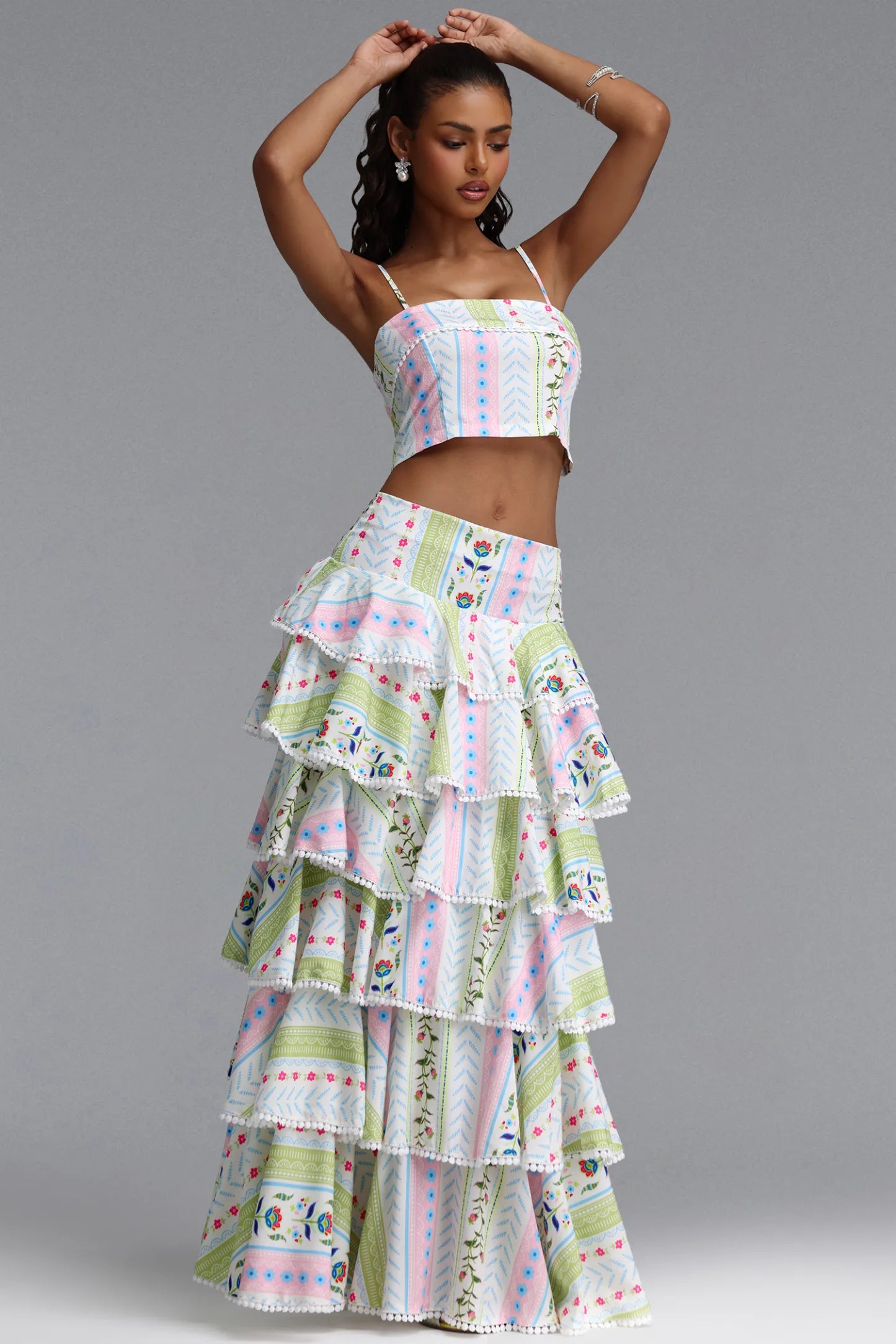 Folkloric Floral Tiered Maxi Skirt Set - Pastel Multi