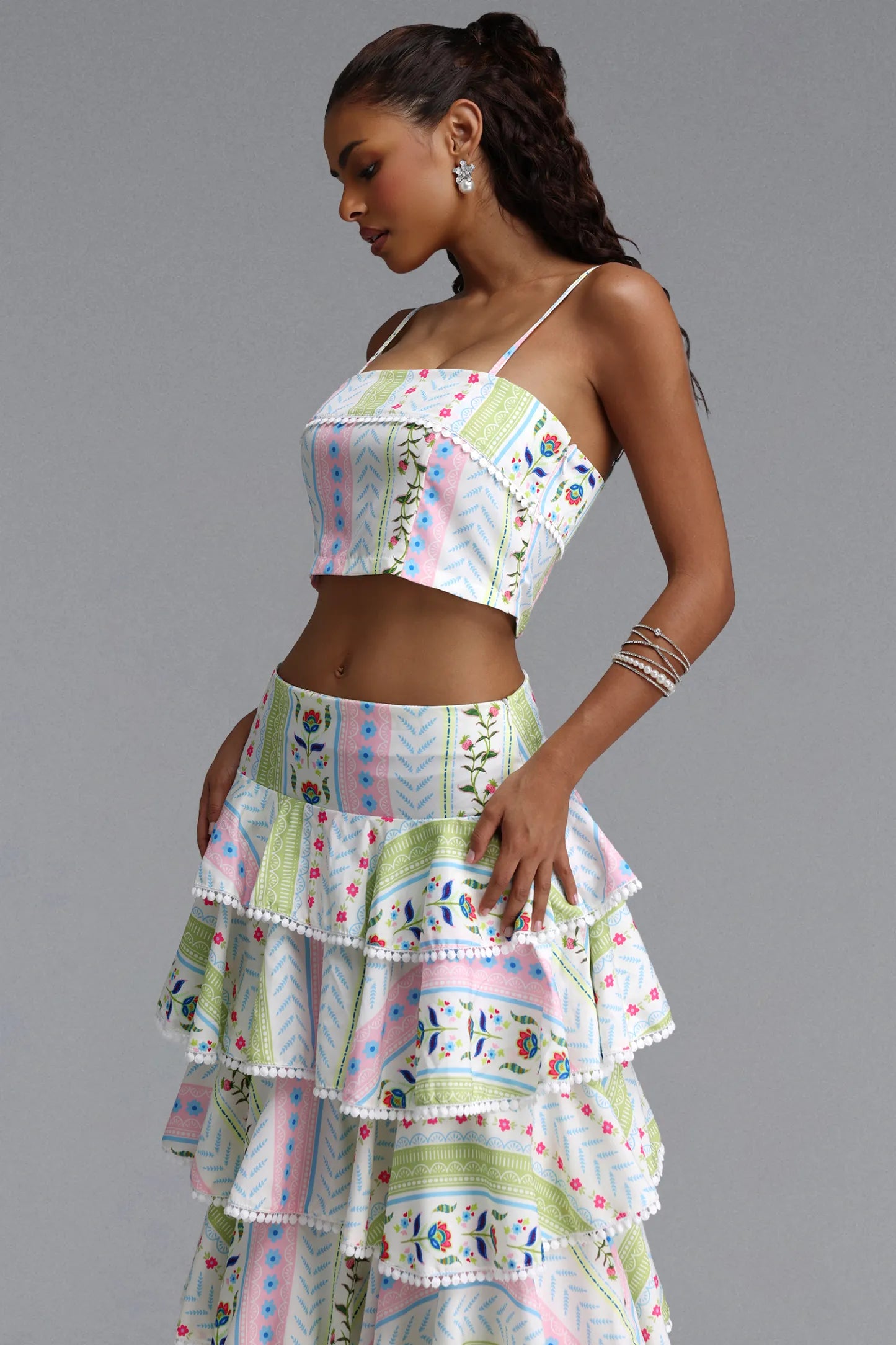 Folkloric Floral Tiered Maxi Skirt Set - Pastel Multi