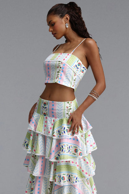 Folkloric Floral Tiered Maxi Skirt Set - Pastel Multi