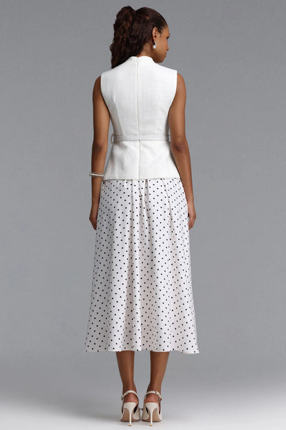 Bouclé Peplum Top & Polka Dot Skirt Set - White & Black