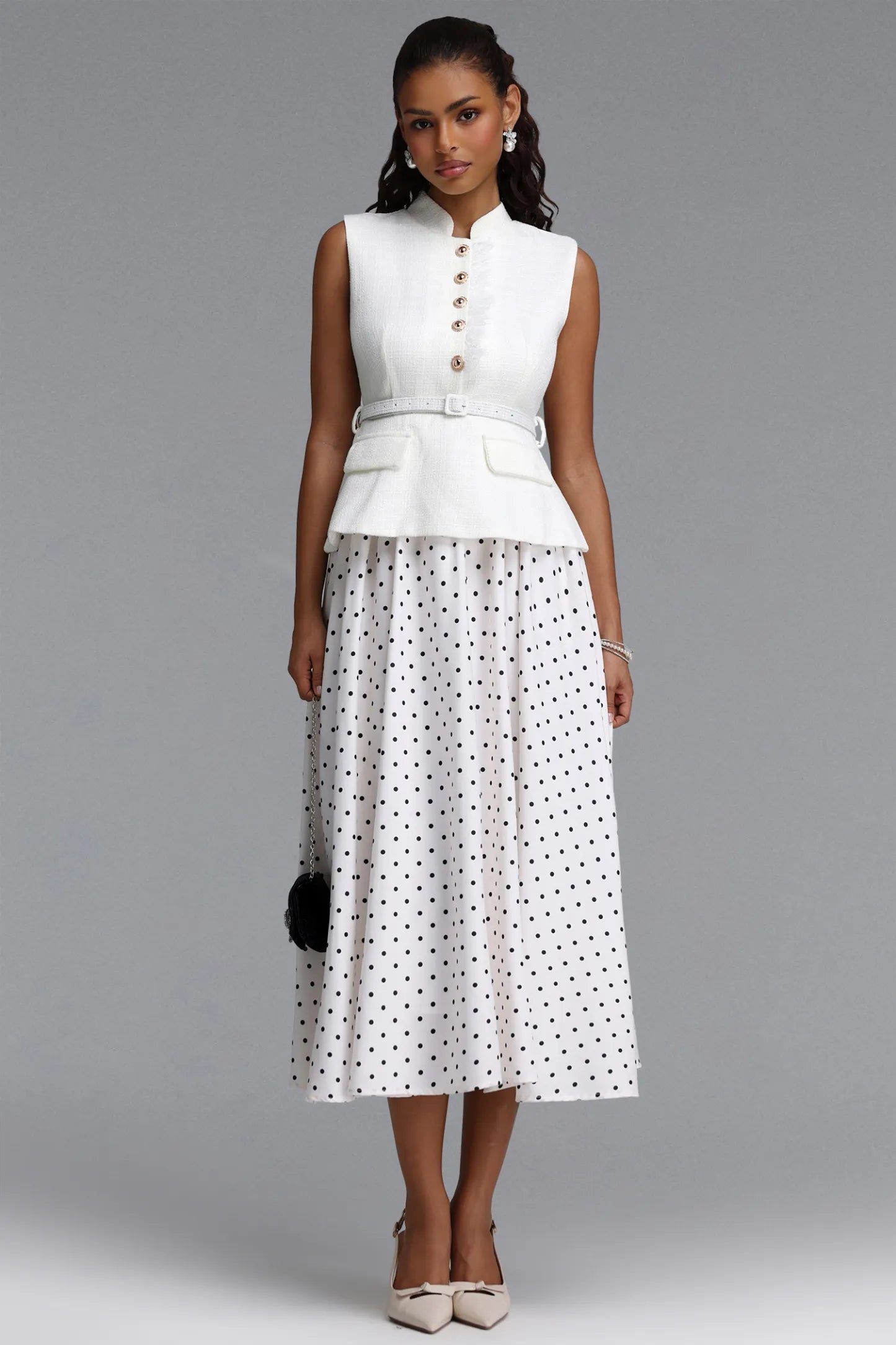 Bouclé Peplum Top & Polka Dot Skirt Set - White & Black