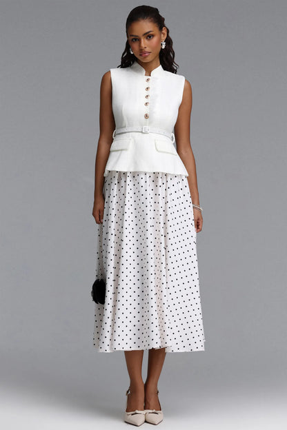 Bouclé Peplum Top & Polka Dot Skirt Set - White & Black
