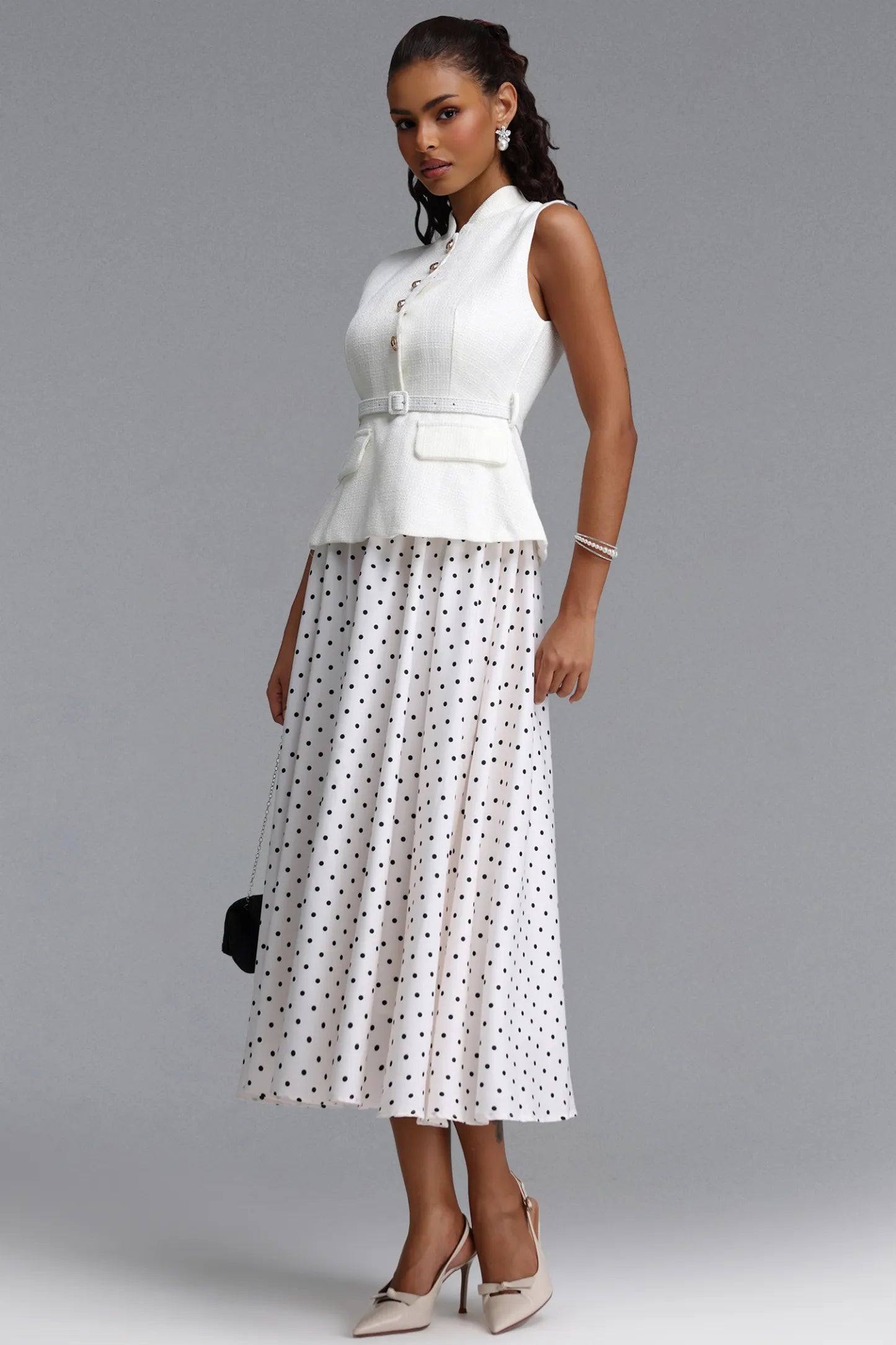 Bouclé Peplum Top & Polka Dot Skirt Set - White & Black