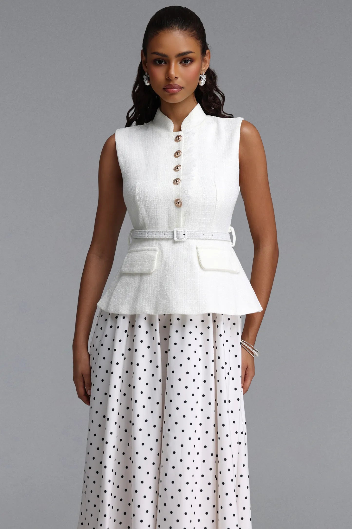 Bouclé Peplum Top & Polka Dot Skirt Set - White & Black