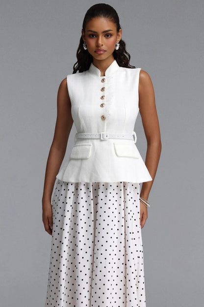 Bouclé Peplum Top & Polka Dot Skirt Set - White & Black