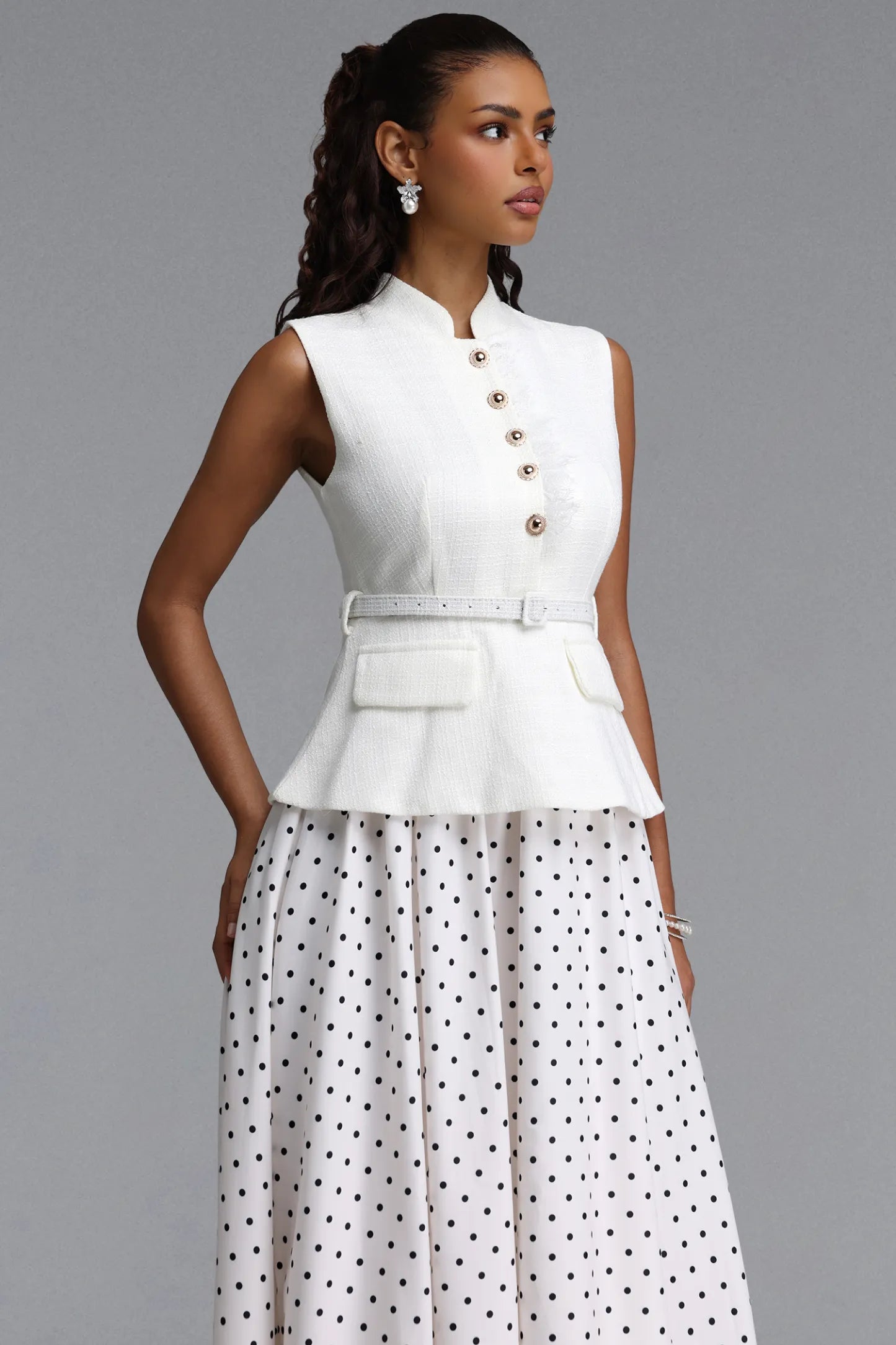 Bouclé Peplum Top & Polka Dot Skirt Set - White & Black