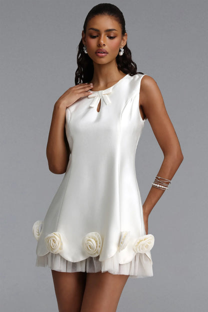 3D Rosette Scalloped Trapeze Mini Dress - White
