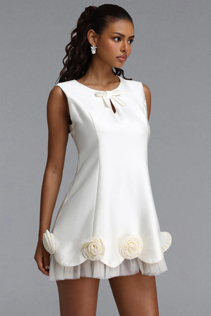 3D Rosette Scalloped Trapeze Mini Dress - White