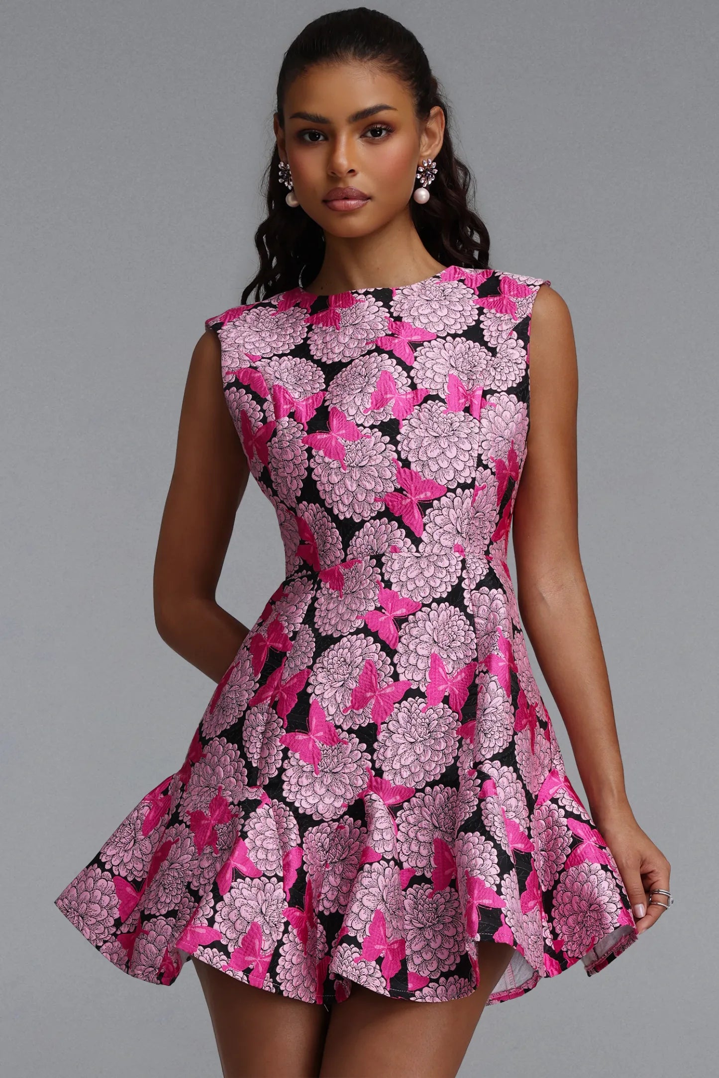Floral & Butterfly Fit-and-Flare Mini Dress - Pink & Black
