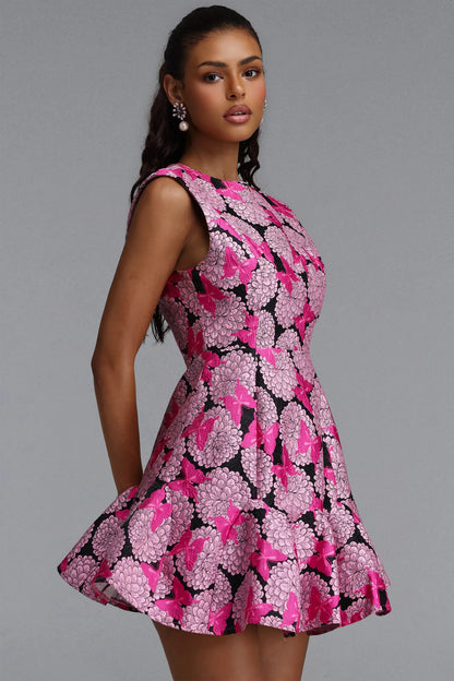 Floral & Butterfly Fit-and-Flare Mini Dress - Pink & Black