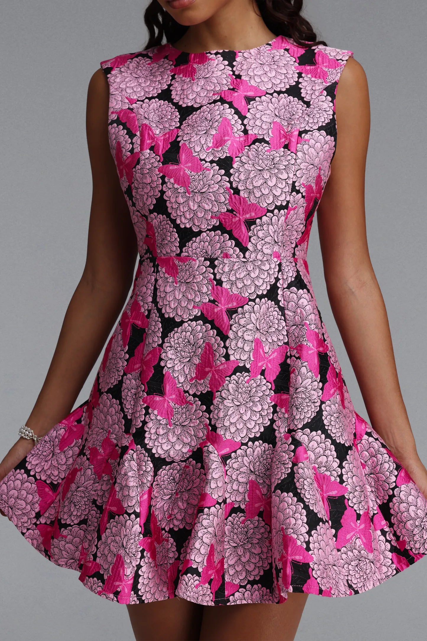 Floral & Butterfly Fit-and-Flare Mini Dress - Pink & Black