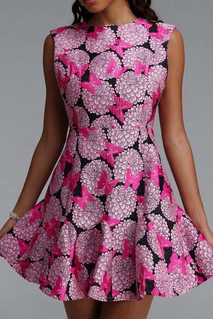 Floral & Butterfly Fit-and-Flare Mini Dress - Pink & Black