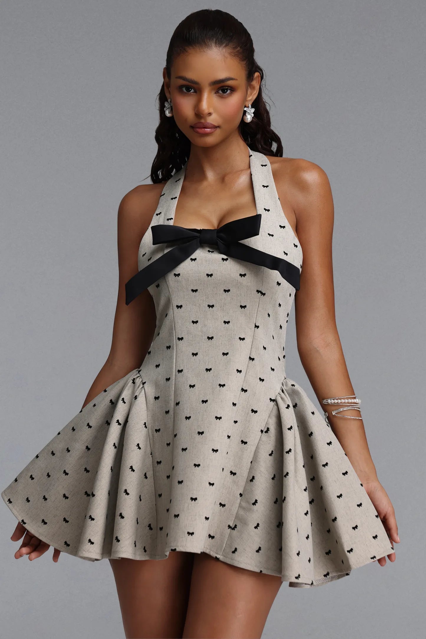 Bow-Accented Halter Skater Mini Dress - Beige & Black