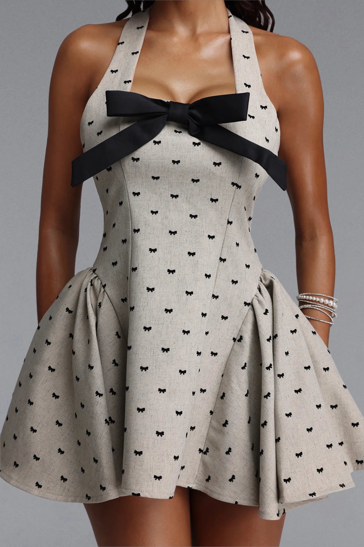 Bow-Accented Halter Skater Mini Dress - Beige & Black