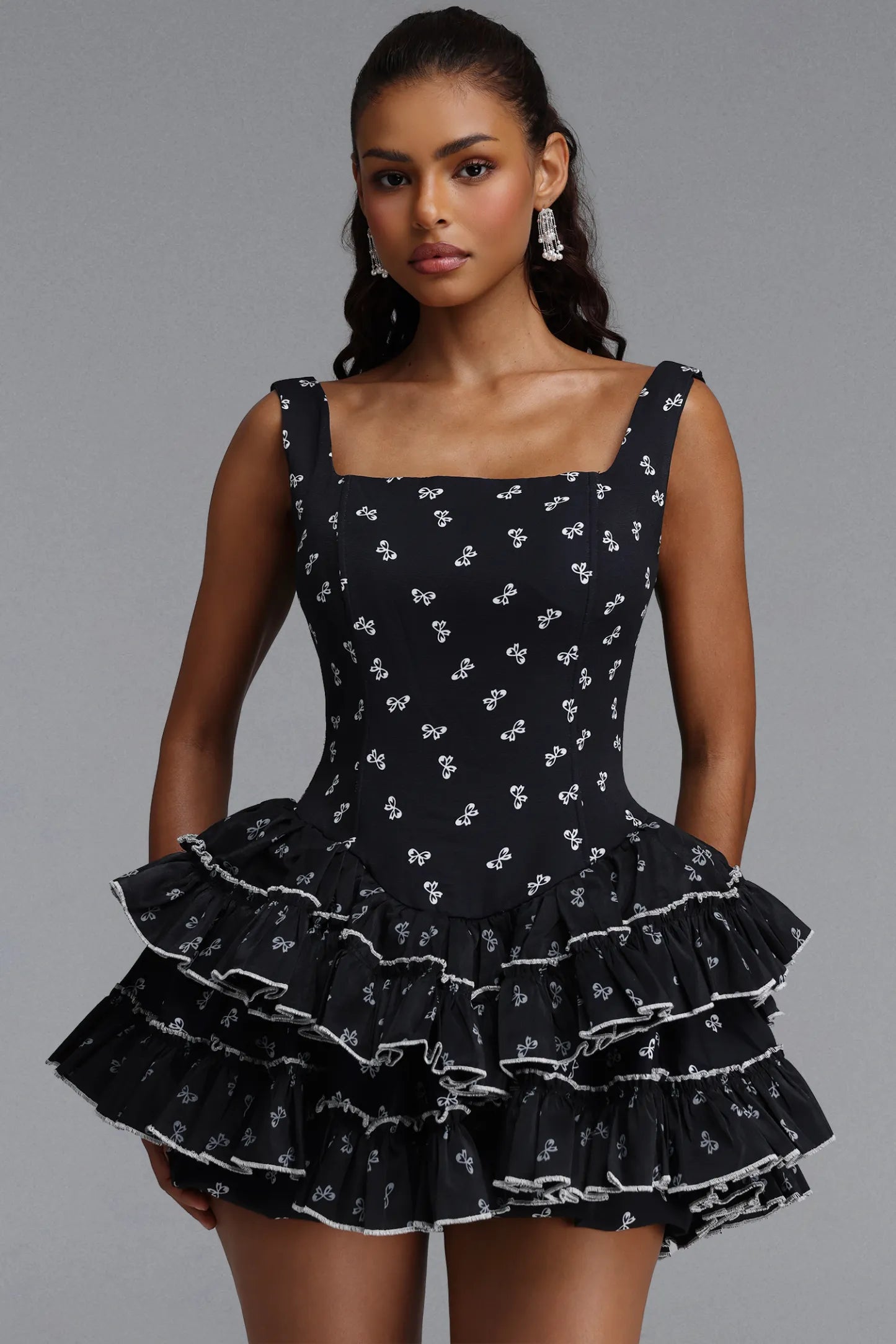Tiered Ruffle Drop-Waist Mini Dress - Black & White