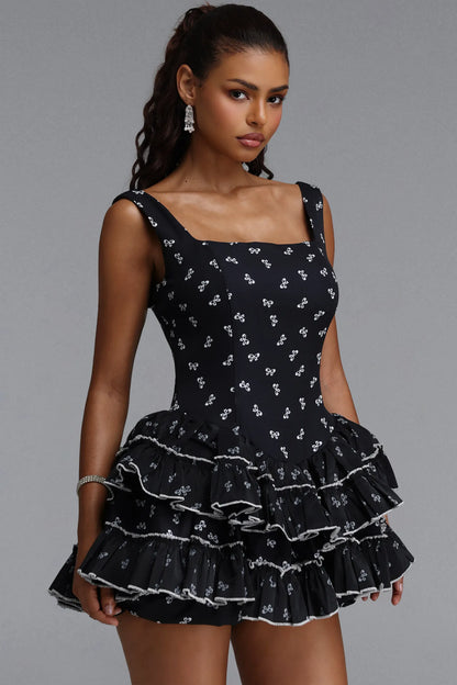 Tiered Ruffle Drop-Waist Mini Dress - Black & White