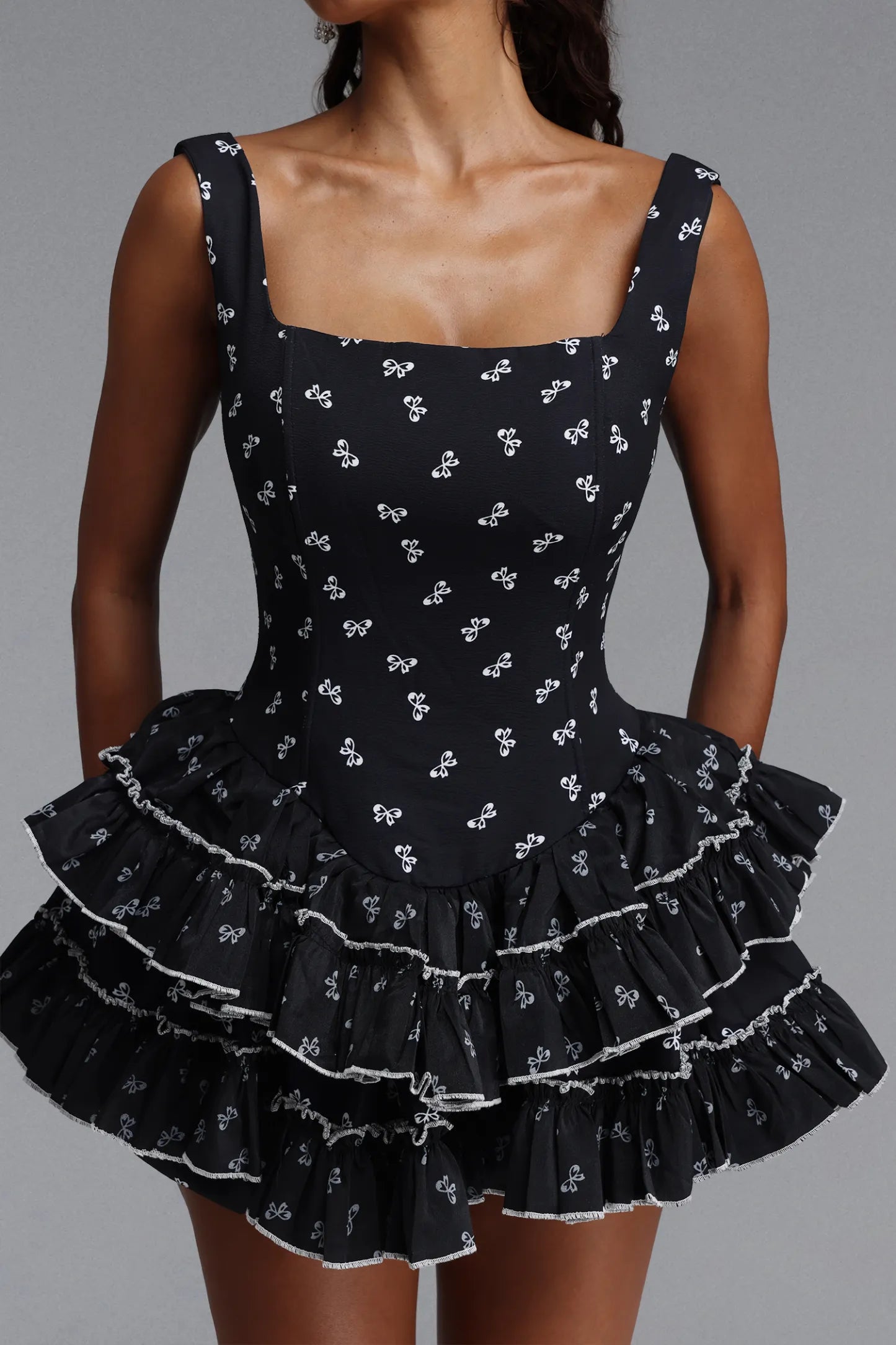 Tiered Ruffle Drop-Waist Mini Dress - Black & White