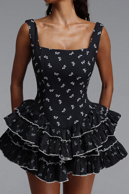 Tiered Ruffle Drop-Waist Mini Dress - Black & White