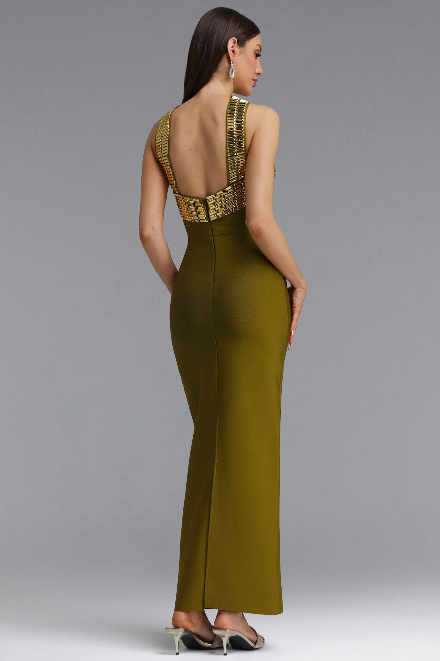 Gold-Embellished Halter Maxi Gown - Olive Green