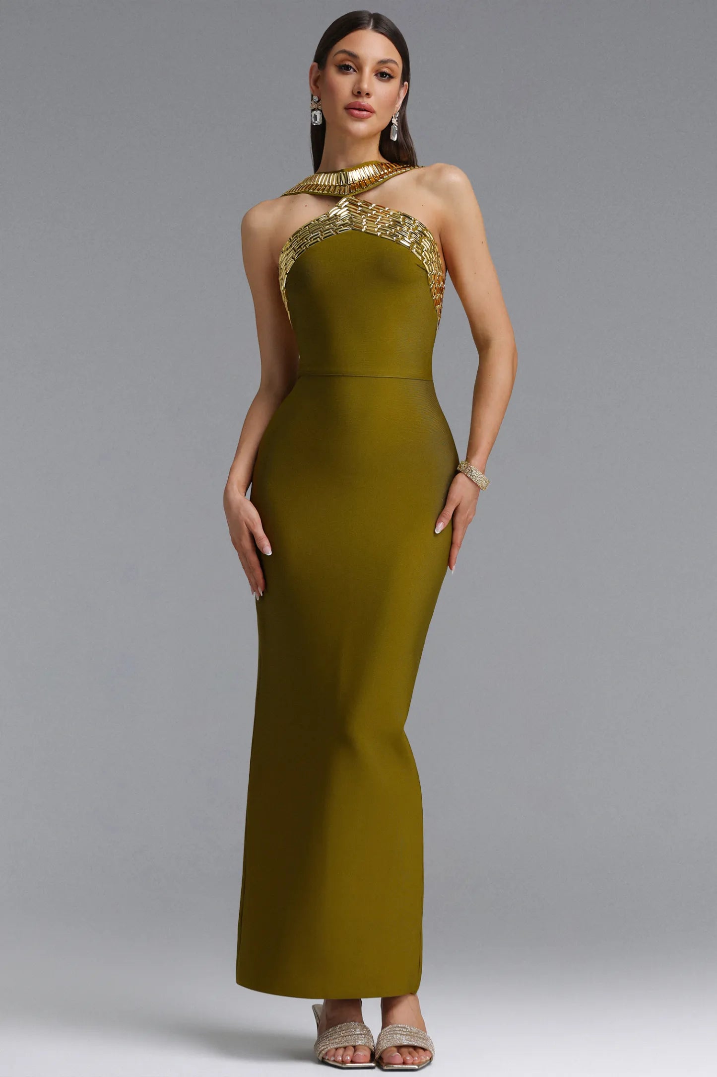 Gold-Embellished Halter Maxi Gown - Olive Green