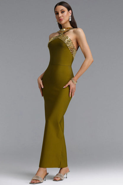 Gold-Embellished Halter Maxi Gown - Olive Green