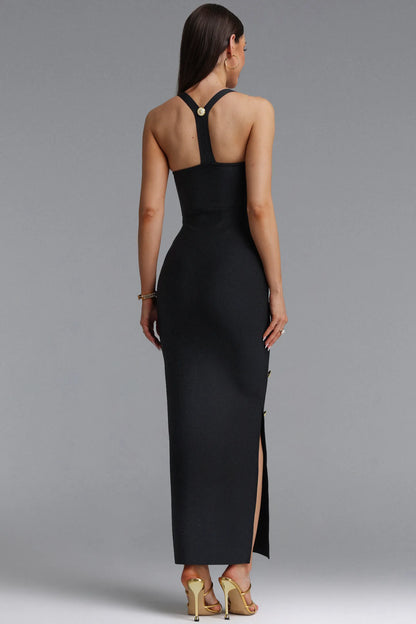 Gold Button Tailored Bodycon Midi Dress - Black