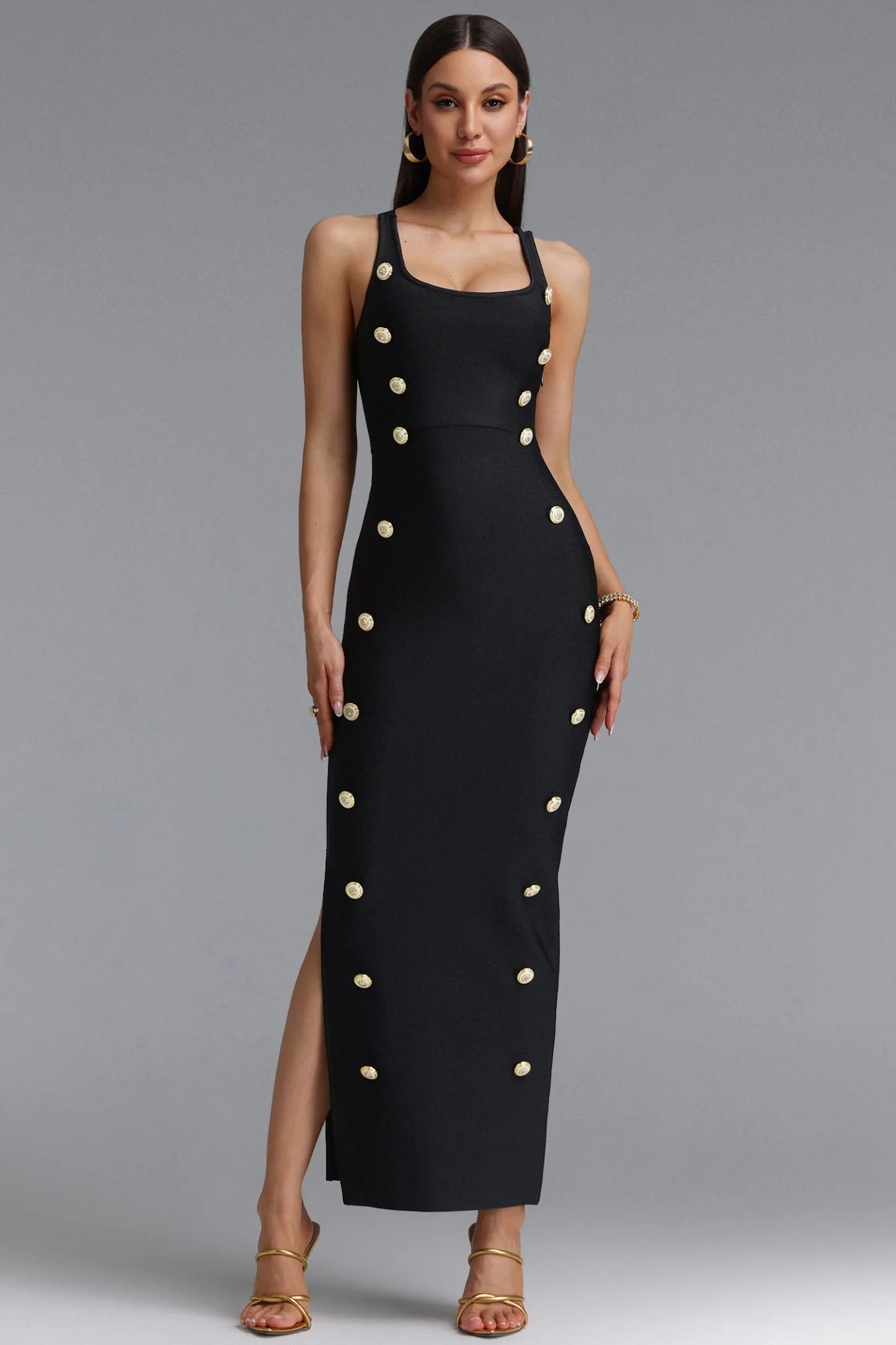 Gold Button Tailored Bodycon Midi Dress - Black