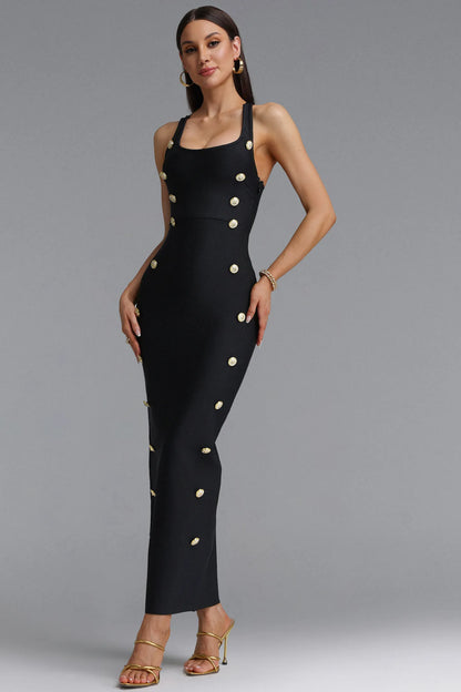 Gold Button Tailored Bodycon Midi Dress - Black