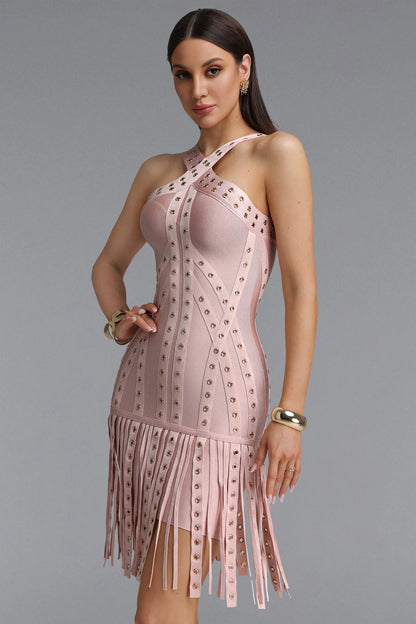 Grommet-Embellished Asymmetrical Fringe Bandage Dress - Blush Pink