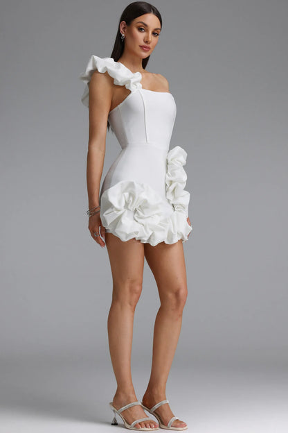 Asymmetrical 3D Rosette Bodycon Mini Dress - Crisp White