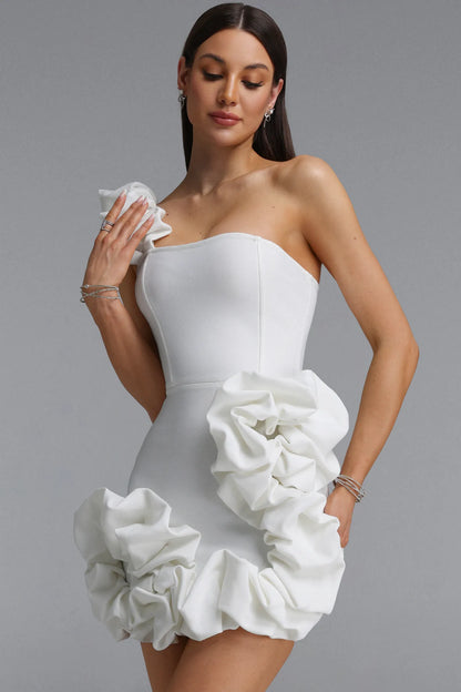 Asymmetrical 3D Rosette Bodycon Mini Dress - Crisp White
