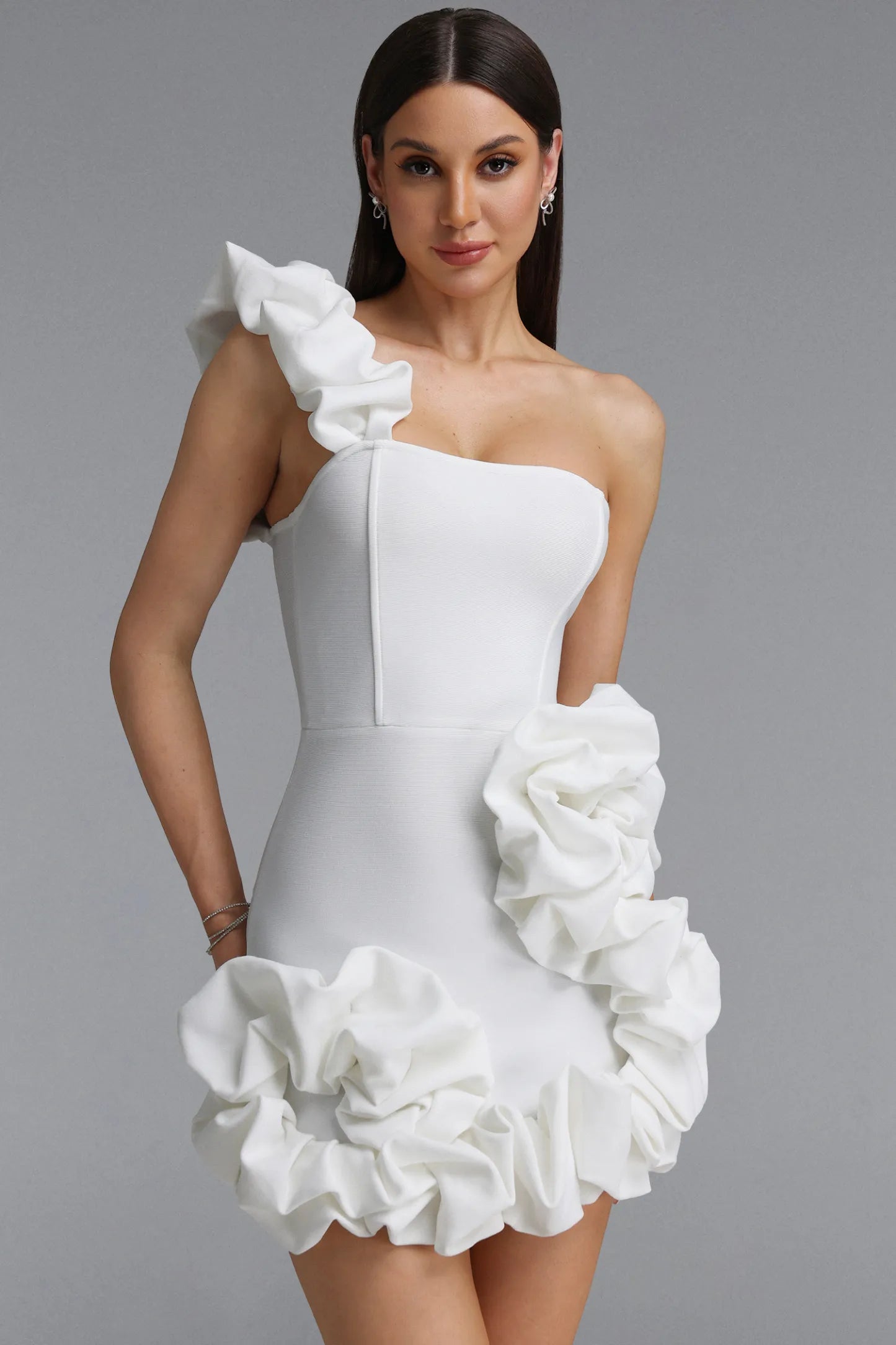 Asymmetrical 3D Rosette Bodycon Mini Dress - Crisp White