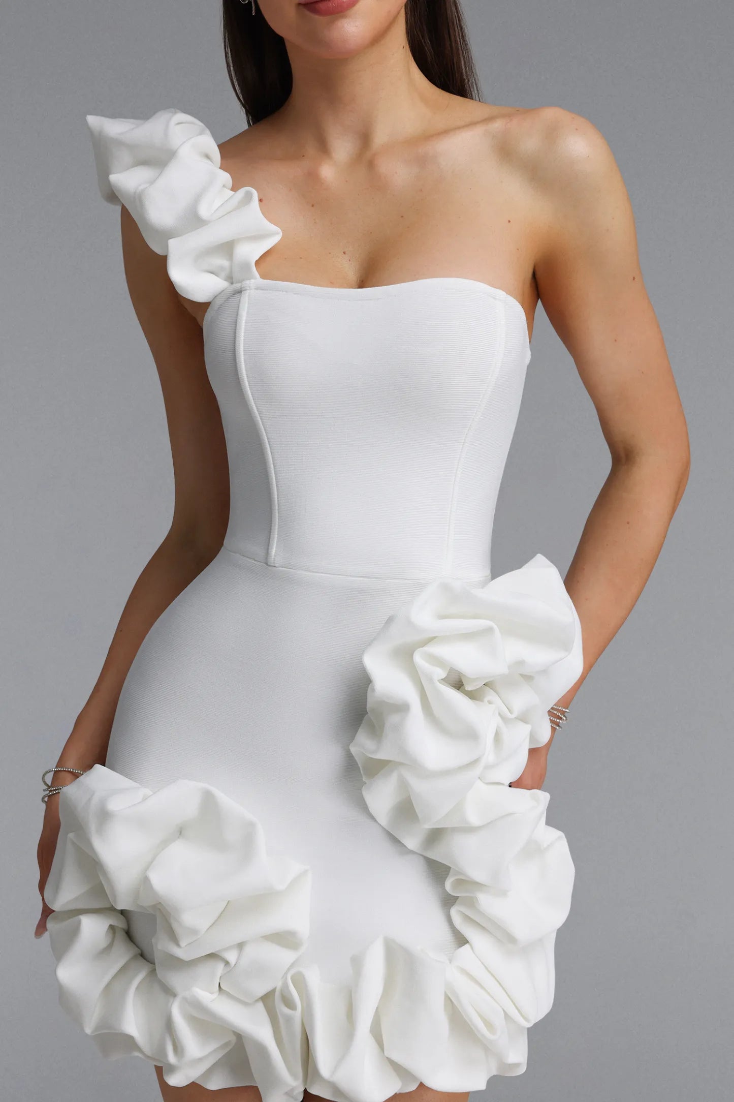 Asymmetrical 3D Rosette Bodycon Mini Dress - Crisp White