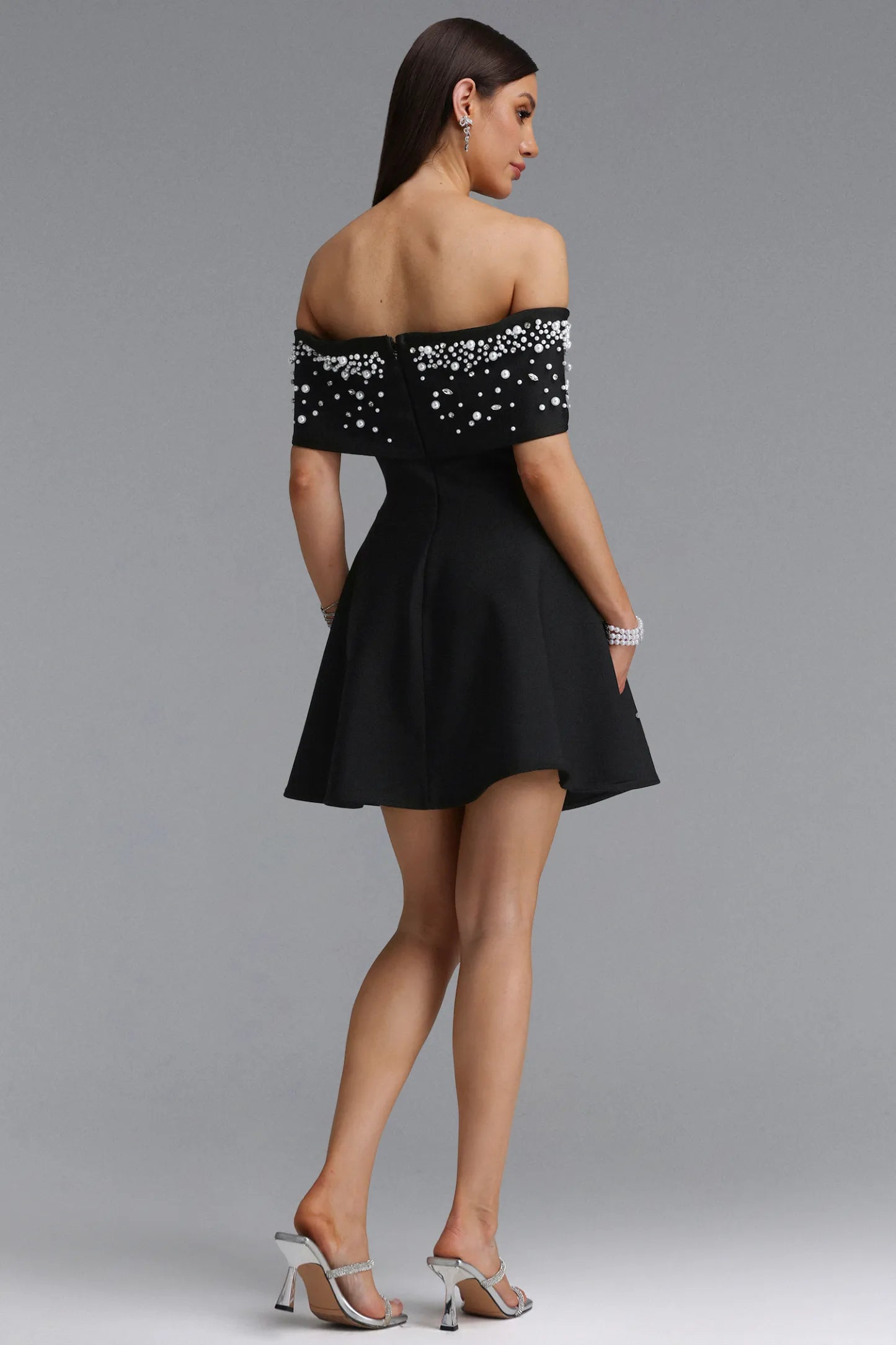Pearl-Embellished Off-the-Shoulder Skater Dress - Black