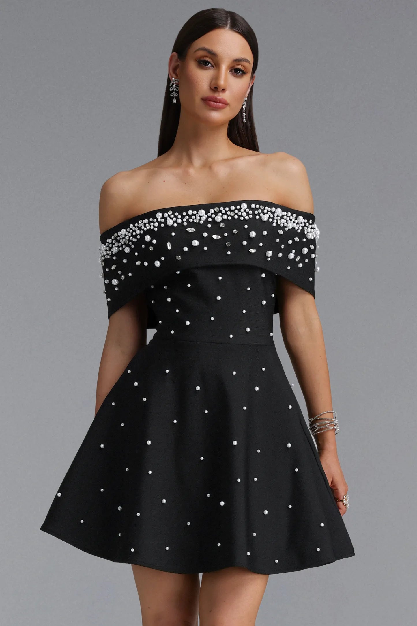 Pearl-Embellished Off-the-Shoulder Skater Dress - Black