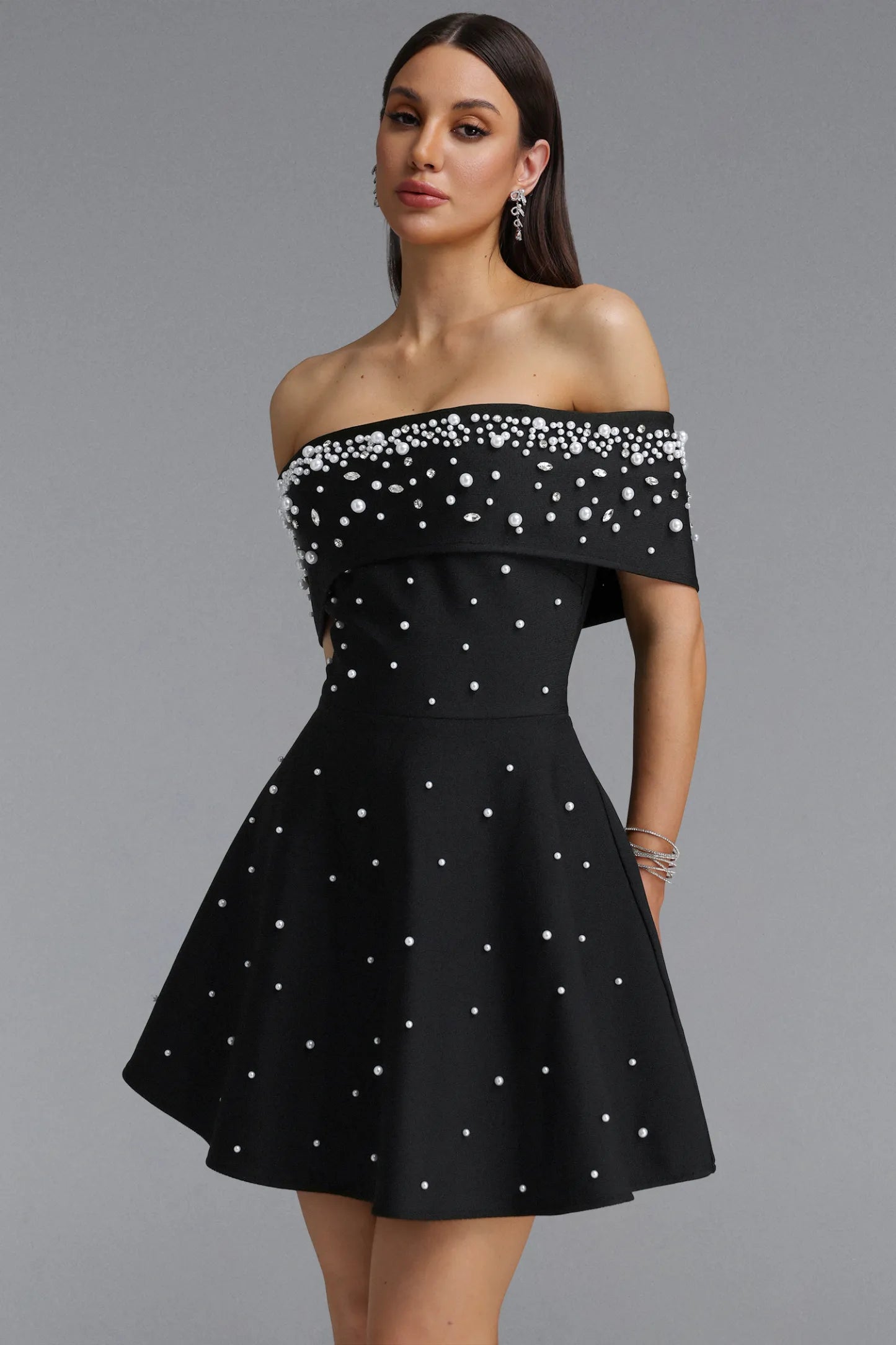 Pearl-Embellished Off-the-Shoulder Skater Dress - Black