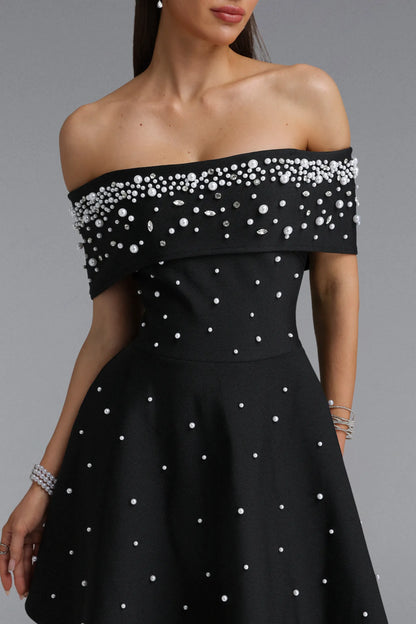 Pearl-Embellished Off-the-Shoulder Skater Dress - Black