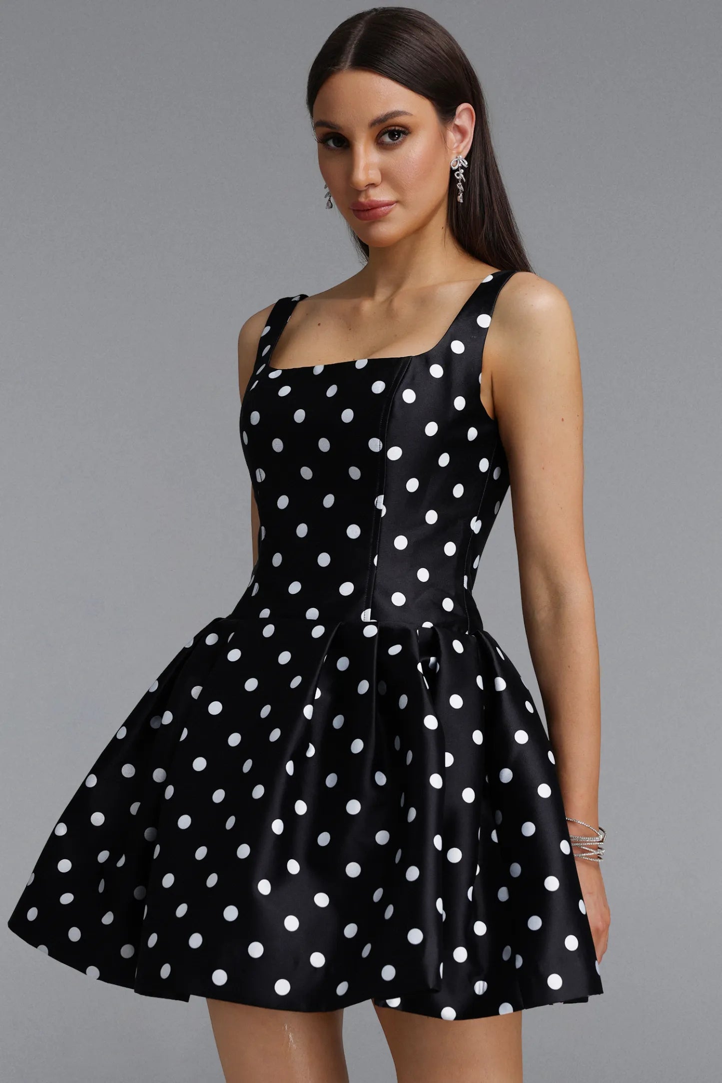 Structured Polka Dot Skater Mini Dress - Black & White