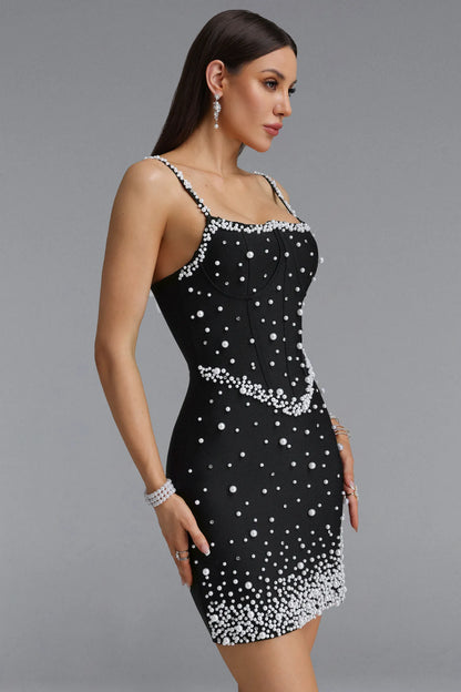 Pearl Embellished Corset-Style Mini Dress - Black