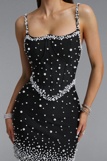 Pearl Embellished Corset-Style Mini Dress - Black