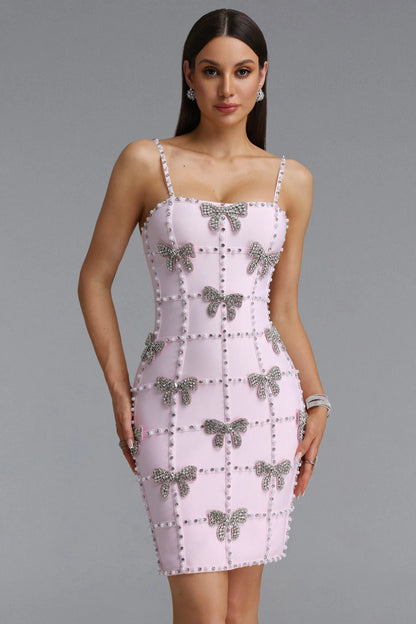 Crystal Bow Grid Embellished Mini Dress - Pastel Pink