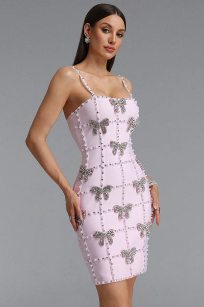 Crystal Bow Grid Embellished Mini Dress - Pastel Pink