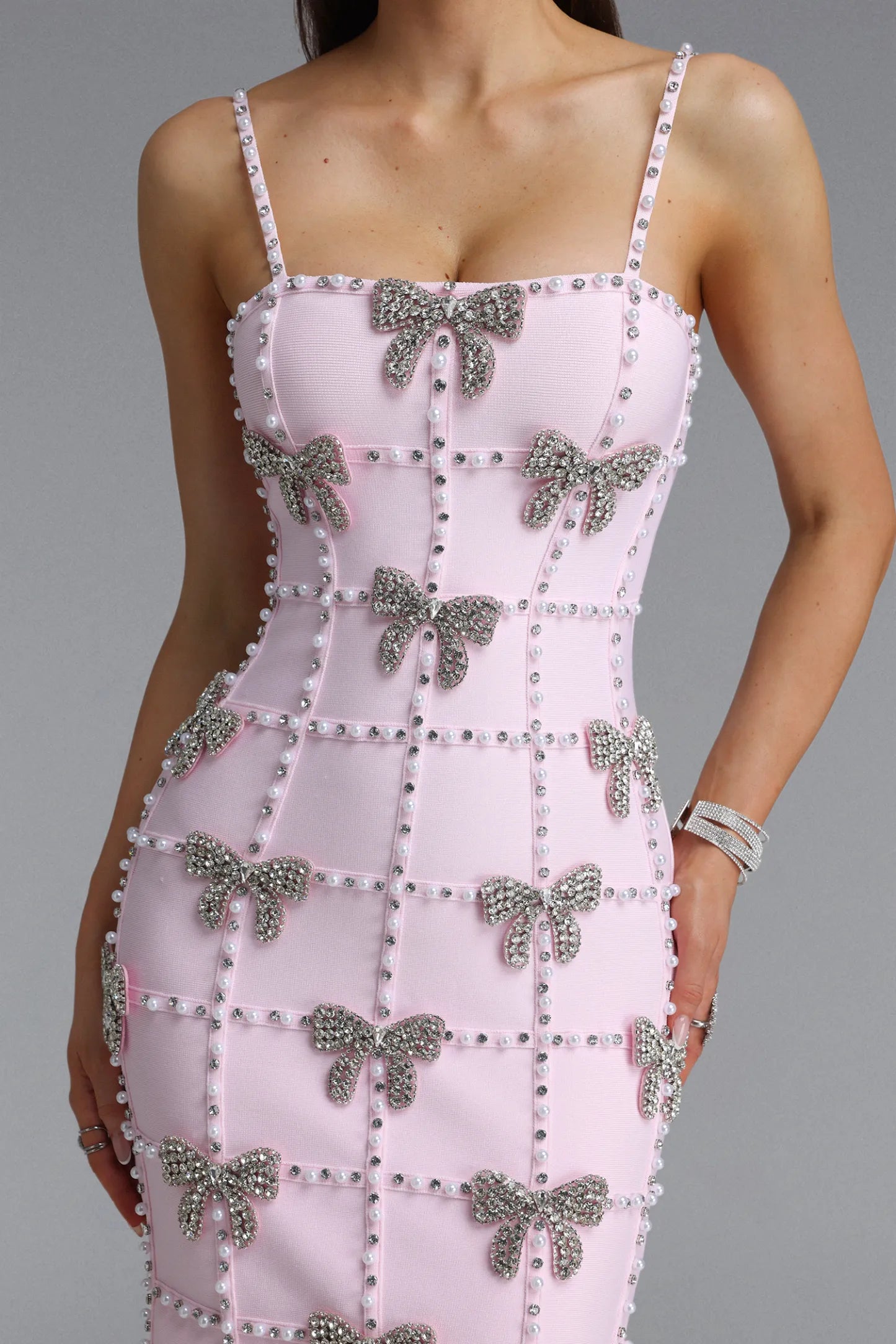 Crystal Bow Grid Embellished Mini Dress - Pastel Pink