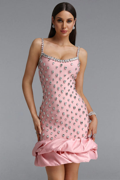 Crystal Embellished Bubble Hem Mini Dress - Pastel Pink
