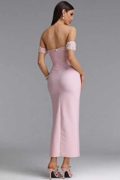 Pearl Embellished Off-the-Shoulder Corset Gown - Pastel Pink