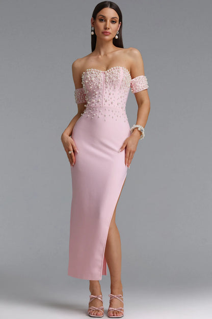 Pearl Embellished Off-the-Shoulder Corset Gown - Pastel Pink