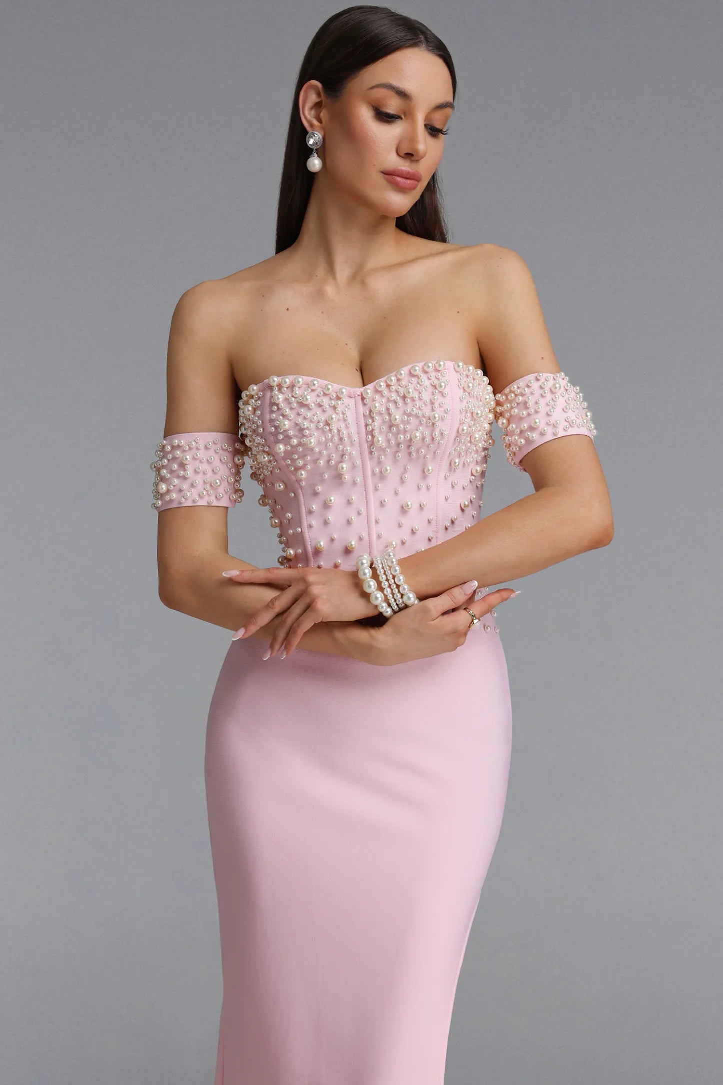 Pearl Embellished Off-the-Shoulder Corset Gown - Pastel Pink