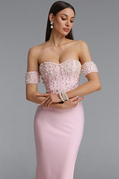 Pearl Embellished Off-the-Shoulder Corset Gown - Pastel Pink