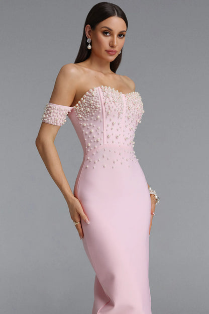 Pearl Embellished Off-the-Shoulder Corset Gown - Pastel Pink