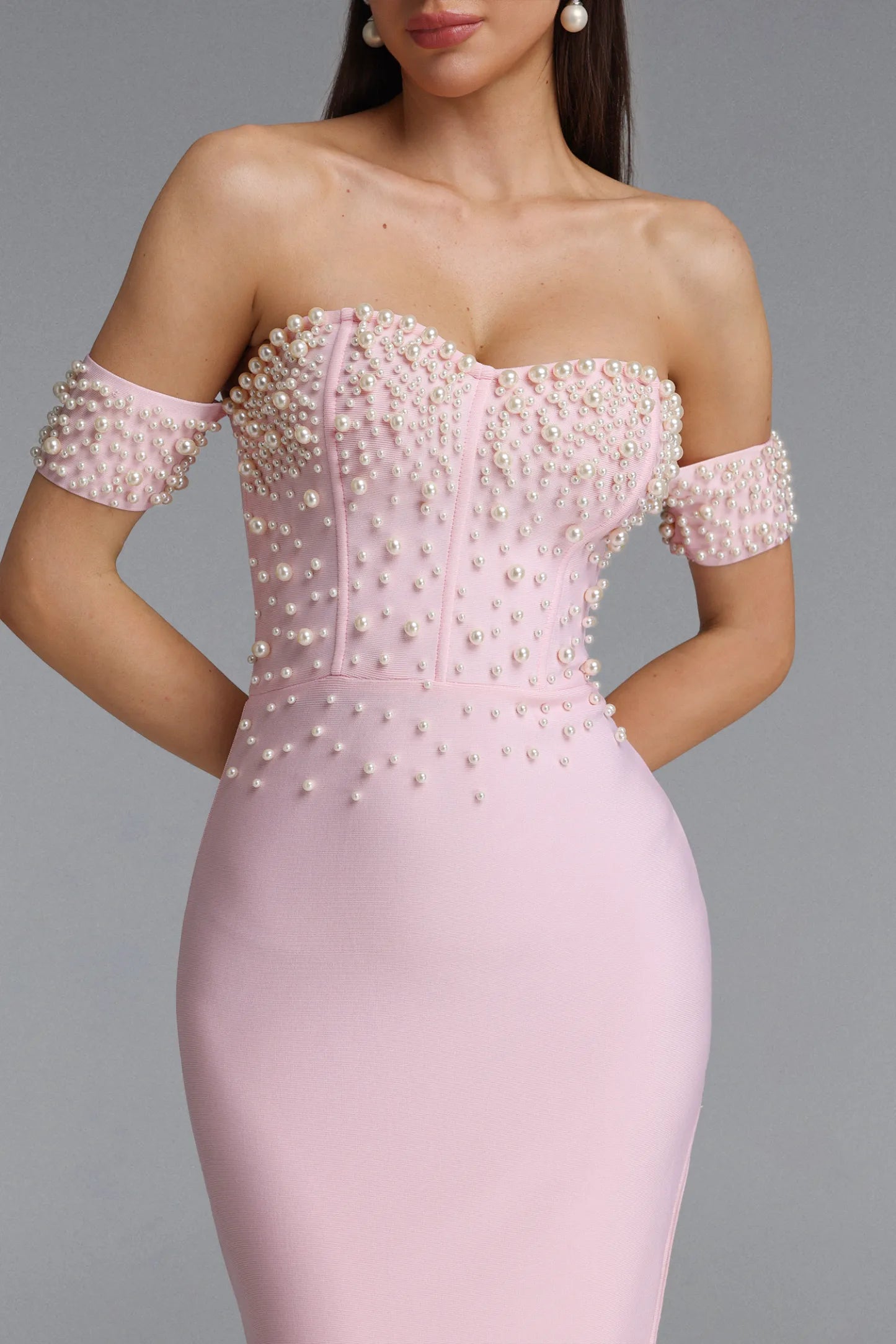 Pearl Embellished Off-the-Shoulder Corset Gown - Pastel Pink